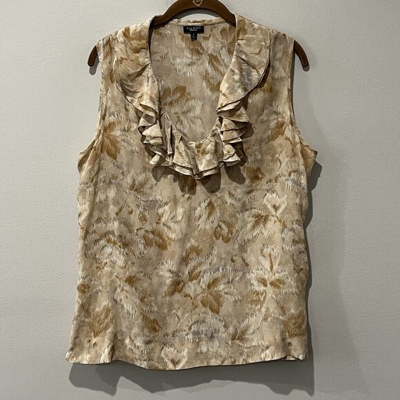 Talbots Top 100% Silk Women’s 16 Brown Cream Leaf Ruffle Neck Sleeveless - Picture 1 of 6